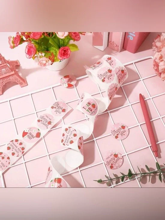 Party Supplies | Nip 50pcs Round Strawberry Thank You Sticker Roll Pink ...